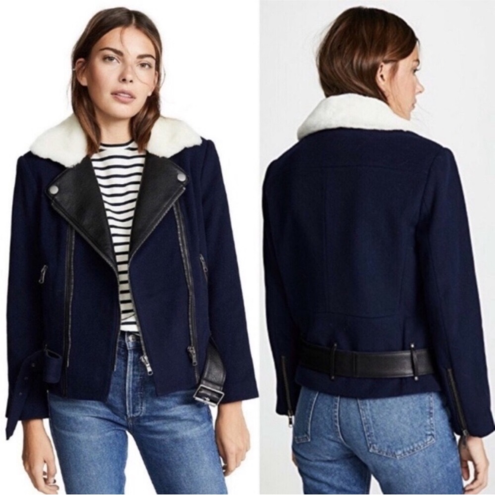 Joie Navy Wool Blend Moto Jacket with Faux Shearling Collar